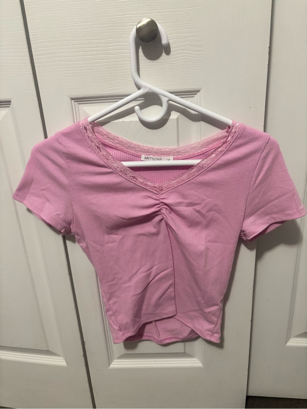 Pink Short Sleeve Ruched V-Neck Top